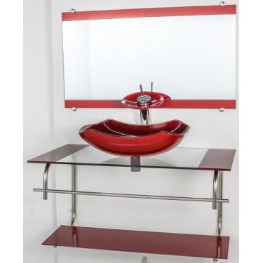 Imagem de Gabinete De Vidro Para Banheiro Inox 80cm Cuba Abaulada Vermelho Cerej