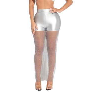 Imagem de WDIRARA Calça feminina de malha contrastante de strass transparente cintura alta para festa, Prata, M