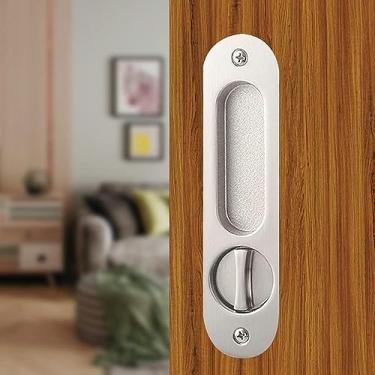 Imagem de youthua Fechadura de porta de bolso com chave, deslizante, alça embutida invisível, para quarto, cozinha, porta de celeiro (Prata)