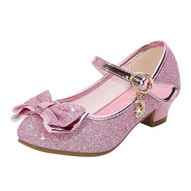 Imagem de CsgrFagr Sapatos sociais infantis para meninas Mary Jane sapatos para meninas sapatos de princesa sapatos de salto baixo infantil com glitter para casamento, rosa, 3.5 Big Kid