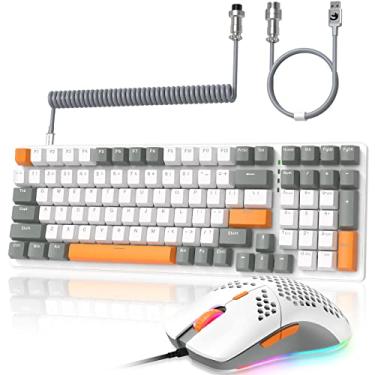 Imagem de Combo de teclado e mouse mecânico para jogos ZIYOULANG K3 – Interruptor azul retroiluminado RGB de 98 teclas, mouse ultra-leve, design compacto, cabo enrolado com fio para PC/Mac/Windows (branco)