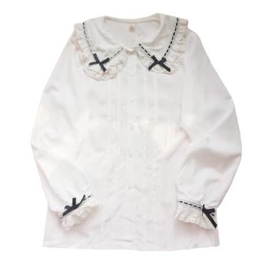 Imagem de Lolita blusas de manga comprida para mulheres estilo japonês doce laço Peter Pan camisa abotoada linda blusa elegante, Preto, G