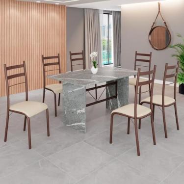 Imagem de Conjunto Sala de Jantar Mesa Retangular 140x75cm Tampo Granito Topázio 6 Cadeiras Marselha Creme/Marrom