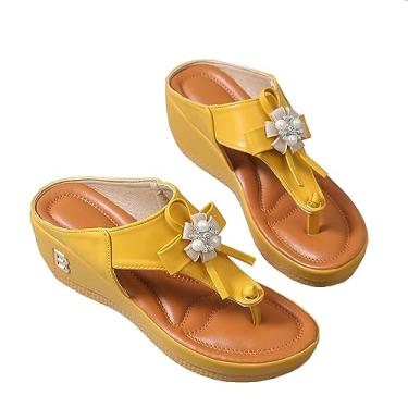Imagem de NOVAS Sandálias Ortopédicas Femininas de Cunha Baixa Casual Sapatos Baixos Flip Flops Senhoras (Yellow Flower, Adulto, 37, Numérico, BR)