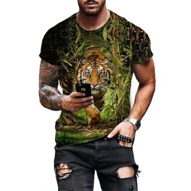 Imagem de Camiseta moderna impressa em 3D animal tigre cara de leão nova camiseta solta casual verão Harajuku camiseta grande, Azul marinho, P