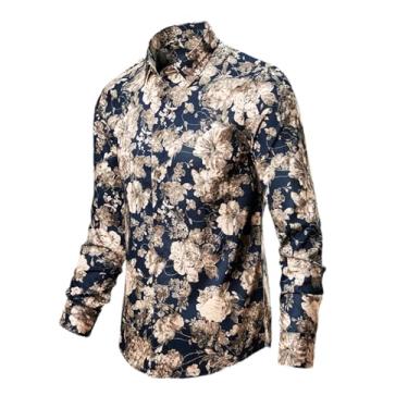 Imagem de Camisas masculinas algodão roupas vintage flores camisa coreana roupa masculina praia masculina manga longa camiseta top, Azul marinho, G