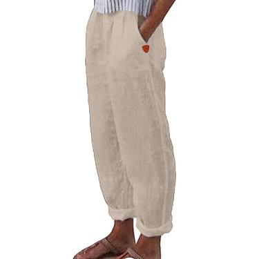Imagem de Calça feminina de linho casual de verão elástica Wasit perna reta calça de algodão cropped praia férias para mulheres com bolsos, Caqui, Large