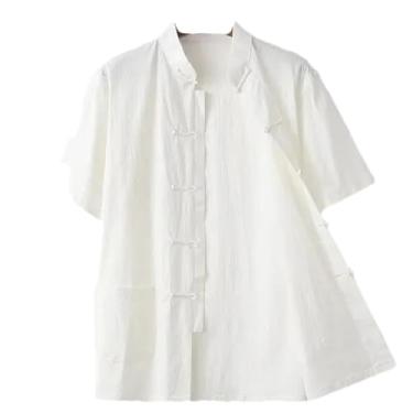Imagem de Summer Tang Suit Camisa masculina casual linho elástico manga curta botão estilo chinês chá algodão e linho, Branco, PP