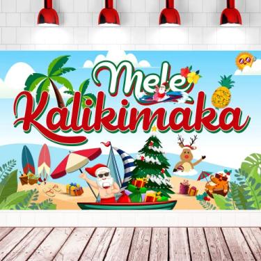 Imagem de Faixa grande Mele Kalikimaka de 180 cm x 109 cm, decorações de Natal havaianas, pano de fundo de decorações de natal Mele Kalikimaka para decoração de festa havaiana Kalikimaka