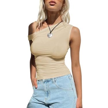 Imagem de Tankaneo Camiseta regata feminina com ombros de fora, sem mangas, caimento justo, franzida, casual, Y2k, Caqui, GG