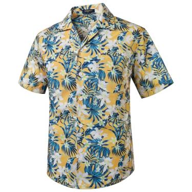 Imagem de Camisas masculinas havaianas de manga curta com botões tropicais Aloha camisa casual verão Havaí praia camisas, 10-amarelo/azul/branco, M