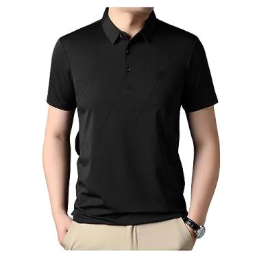 Imagem de Camisa polo masculina lisa listrada de seda gelo manga curta lapela botão Goout Shirt Moisture Buisness, Preto, M