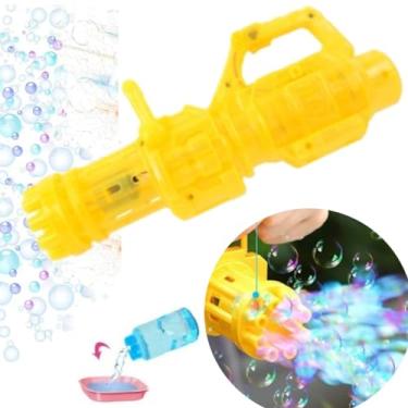 Imagem de Lança Bolhas DE Sabão Pistola Bazuca ARMA De Brinquedo A Pilha FAZER BOLHAS AUTOMÁTICA SOPRO 13 FUROS AUTO VOLUME DE BOLHAS ELETRICA BOLINHA MAQUINA ARMINHA METRALHADORA luz e som 24CM (AMARELO)