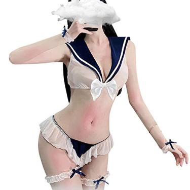 Imagem de YOMORIO Lolita Conjunto de sutiã e calcinha sexy com babados, lingerie de marinheiro, Azul, One Size