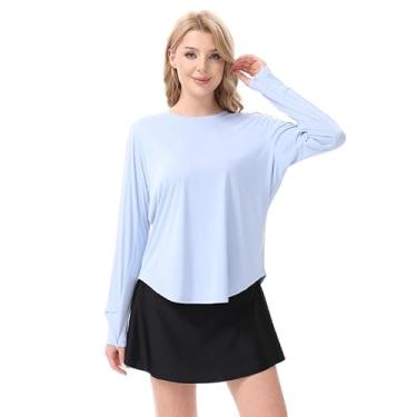 Imagem de Camisetas femininas de manga comprida FPS 50+ UV para treino e sol leves de secagem rápida, roupas ao ar livre para caminhadas e pesca, Azul, GG