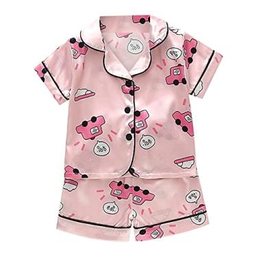 Imagem de Beziun Camiseta infantil de cetim para bebês meninas Cartoon Button Down manga curta shorts oungewear verão, rosa, 3-4 Anos