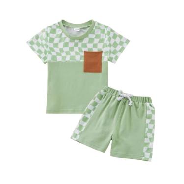 Imagem de Usaibhir Roupas para bebês meninos, roupas de verão, patchwork, xadrez, camiseta e shorts para meninos 1t 2t 3t 4t 5t, Tabuleiro de xadrez verde, 3-4 T