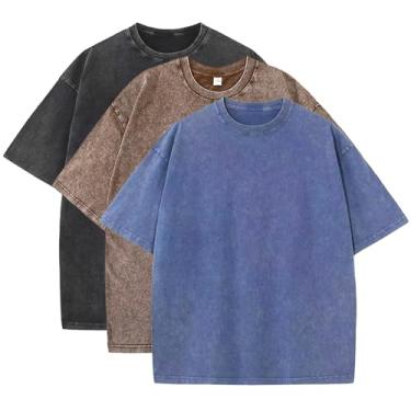 Imagem de Fkatuzi Camisetas grandes de algodão sólido para homens vintage streetwear camisetas básicas largas hip hop unissex camiseta lavagem ácida, C-preto-café-azul, 3G