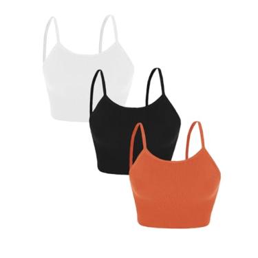 Imagem de Topstype 3 peças de camiseta regata cropped canelada feminina sem mangas alças finas, Preto/branco/laranja, P
