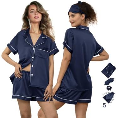 Imagem de WJing Yi Jia Conjunto de pijama feminino de cetim macio de 5 peças PP-4GG pijama de seda floral pijama de noiva conjuntos de pijamas para noivas, Azul-marinho - W, P