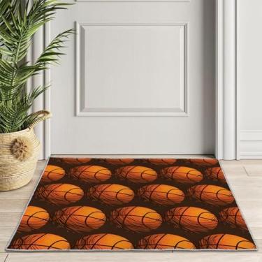 Imagem de Tapete de basquete esportivo legal 15 x 20 cm grande para sala de estar, tapete macio de baixa película, antiderrapante, lavável, tapete fino, dobrável, laranja, preto, para cozinha, quarto, sala de