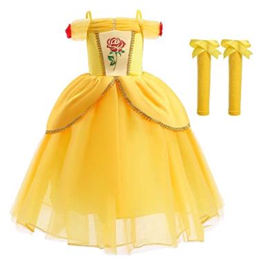 Imagem de CinheyU Vestido de aniversário de princesa Bela e a Fera, fantasia de Halloween, Natal, cosplay, festa, baile, Vestido 009 com mangas de braço, 8-9 Anos