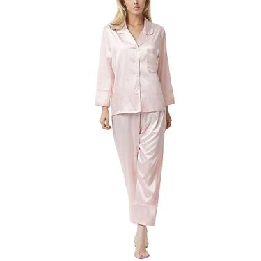 Imagem de Lainuyoah Pijama feminino de manga comprida e calça de botão, conjunto de pijama clássico com gola V e 2 peças, D#rosa, M