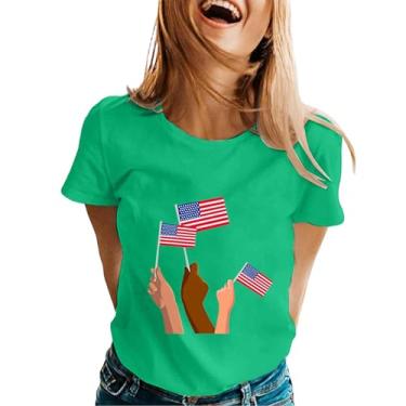 Imagem de Camiseta feminina bandeira americana listras estrelas camisetas femininas camisetas estampadas patriontic manga curta, Verde, GG