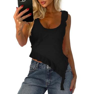 Imagem de Camiseta regata feminina Y2k sexy de malha cropped sem mangas frente única assimétrica com babados e babados, Preto, G