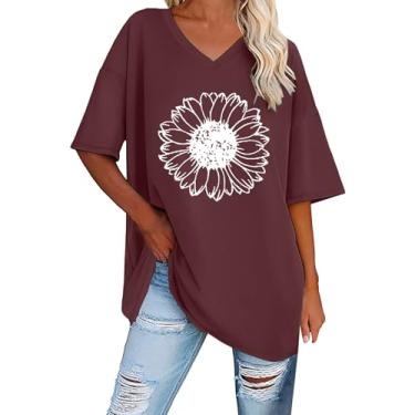 Imagem de Camisetas grandes para mulheres com estampa Y2K, manga curta, gola V, estampa floral de girassol, tops casuais de verão, Vinho, GG