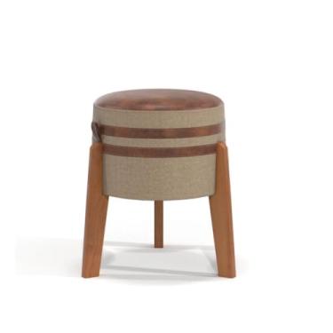 Imagem de Puff Sala Quarto Redondo Estofado Banqueta Penteadeira Bege em Couro e Linho 45x32 Suporta Até 120Kg Puf Pix Cor BEGE