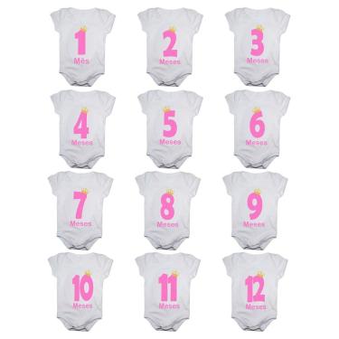 Imagem de Kit body de bebê mesversario manga curta números rosa 12 bodies 1 a 12 meses