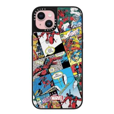 Imagem de CASETiFY Capa espelhada para iPhone 15 Plus [Deadpool & Wolverine Co-Lab / Proteção contra quedas de 1,5 m/Magsafe] - Capa de colagem cômica - Prata em preto