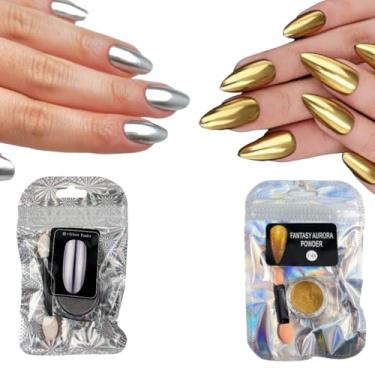 Imagem de Kit 02 Pó Cromado Holográfico Metalizado Unhas Gel dourado prata
