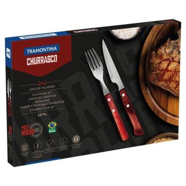 Imagem de Jogo De Talheres Para Churrasco Tramontina Em Aço Inox Com Cabo Vermelho Polywood 12 Peças