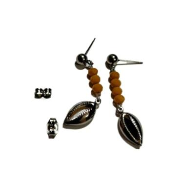 Imagem de Par de Brincos em Aço Inox pequena conchinha e Missangas (Missangas marrom)