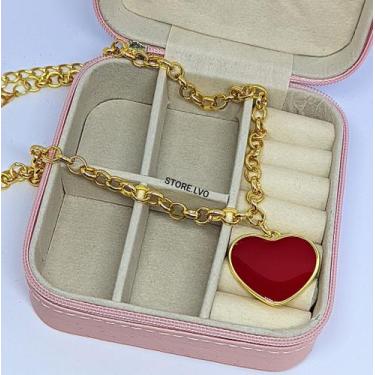 Imagem de Colar Feminino Corrente Elos Português Folheado Ouro com Pingente Cora