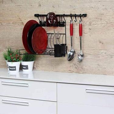 Imagem de Kit Cozinha Escorredor Louça Suspenso Porta Temperos Preto - metaltru