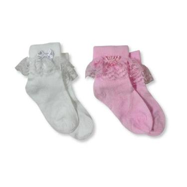 Imagem de Kit c/ 2 Meia Infantil Menina Renda e Laço Zulekinha, 0, Branco