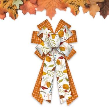 Imagem de Blinket Arco de colheita de outono - Fita padrão de cogumelos de folhas de outono para decorações de Ação de Graças, grinaldas sazonais, embrulho de presente, projetos de artesanato, 6,3 cm x 5 jardas