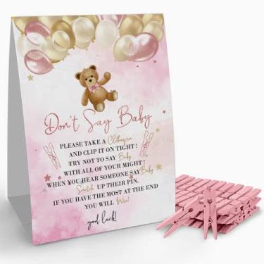 Imagem de Placa de jogo Don't Say Baby Clothespin (1 placa + 50 mini prendedores de roupa), It's a Girl Pink Bear Balloon Baby Shower Game, conjunto de decoração de chá de bebê 1 (rosa)