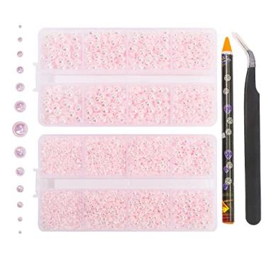 Imagem de 6540 peças rosa claro AB resina plana pérolas strass, tamanho misto 2/3/4/5/6/8/10 mm contas de pérola meia redonda pedras de strass com pinças e lápis selecionador para artesanato decoração de unhas DIY