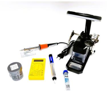 Imagem de Kit Ferro de Solda 30w 110v Lupa 3 Gavetas Multimetro Pasta Estanho Su