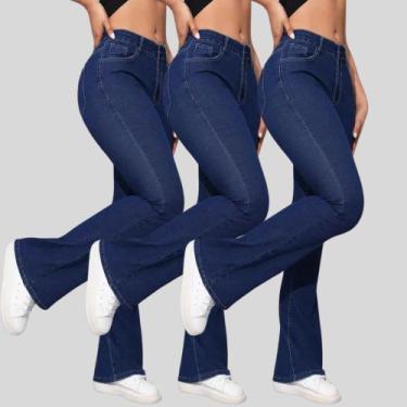 Imagem de KIT 3 Calças Flare Jeans Feminina Boca de Sino Cintura Alta Modeladora