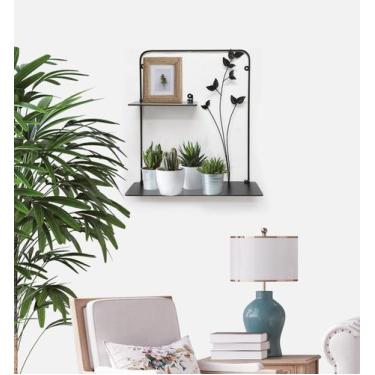 Imagem de Prateleira decorativo com  folhas e dois suportes dobrável de aço pret