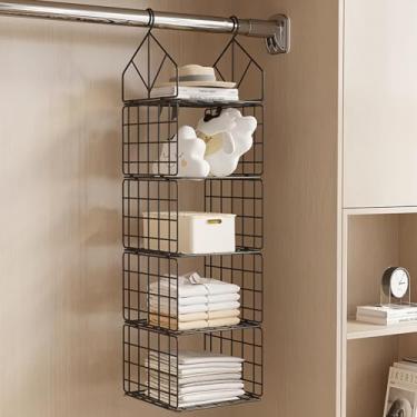 Imagem de Yagizaai Organizador de armário suspenso, armazenamento de 5 prateleiras de aço carbono, prateleiras suspensas dobráveis, armazenamento versátil para roupas, bolsas (preto)