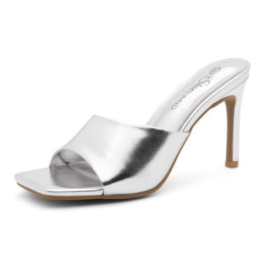 Imagem de Shoe Land Melrose Salto alto feminino salto agulha deslizante bico aberto quadrado uma faixa salto mules preto dourado salto transparente para festa de formatura casamento férias, Prata 2519, 37