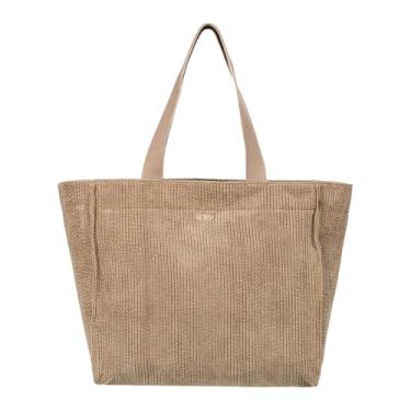 Imagem de Roxy Bolsa feminina Feeling Good elegante veludo cotelê macio grande capacidade, Verde óleo, 25L, Bolsa tote Feeling Good de veludo cotelê macio e elegante de grande capacidade