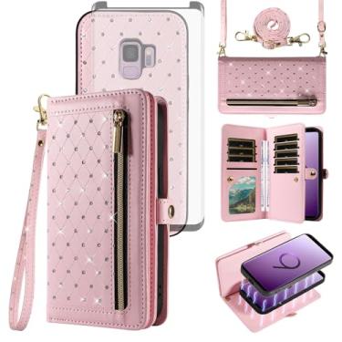 Imagem de Asuwish Capa de celular para Samsung Galaxy S9 carteira com zíper destacável capa magnética com protetor de tela de vidro temperado, alça transversal, suporte para cartão de crédito flip brilhante S 9