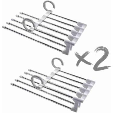 Imagem de Kit 2 Cabides de Calças Metal Inox Multifuncional 5 Divisorias